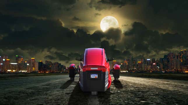 The three-wheeled Elio on a moonlight road