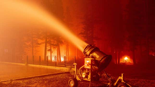A snow gun being used to battle the Caldor Fire at the Sierra-at-Tahoe Resort.