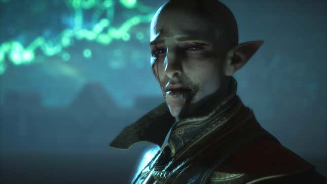 Solas looks at something off-screen with cuts and blood all over his face.