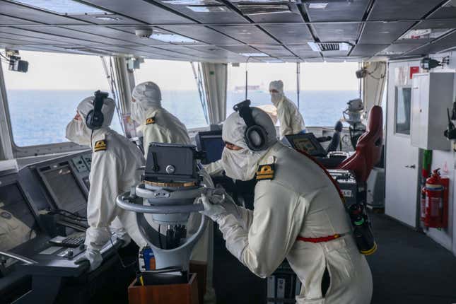 In this photo provided by the Ministry of Defence (MoD), members of the HMS Diamond&#39;s Bridge team shoot down a missile fired by the Iranian-backed Houthis from Yemen, Wednesday, April 24, 2024. Yemen’s Houthi rebels fired a large barrage of drones and missiles targeting shipping in the Red Sea Wednesday. (LPhot Chris Sellars/MoD Crown via AP)