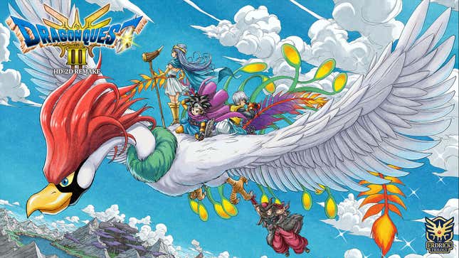 Official artwork for Dragon Quest III HD-2D. Four people are riding a large bird as it soars through the air.