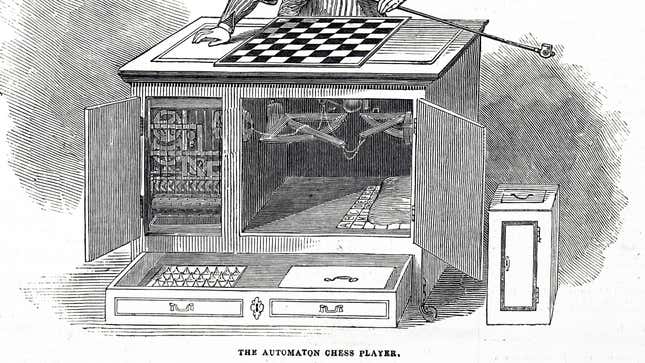 A drawing of the Mechanical Turk, which allowed a small, expert chess player to climb inside and play the game, posing as a machine.