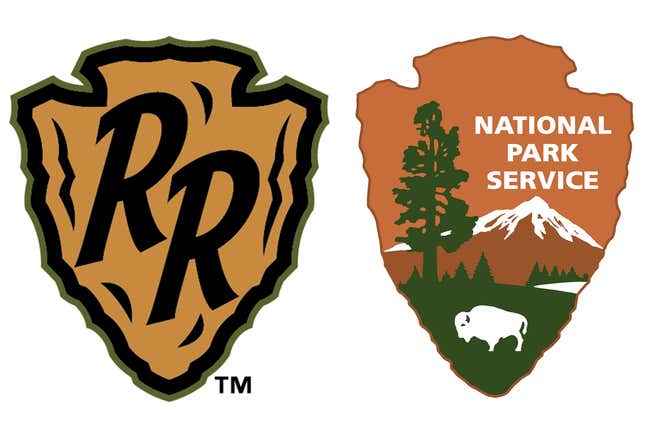 This combo of graphics provided the Glacier Range Riders and the National Parks Service show&#39;s the Range Riders arrowhead logo, left, and the NPS&#39;s arrowhead logo. The minor league baseball team in Montana is calling out the Department of Interior for “unwarranted and relentless” trademark claims in a battle over the use of an arrowhead logo. (Glacier Range Riders, left, National Parks Service, right, via AP)