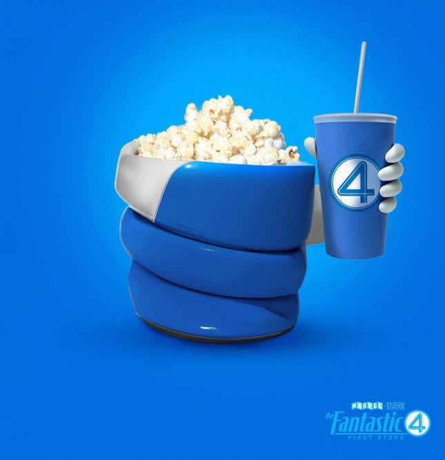 A popcorn bucket made to look like a stretching arm coiled around and holding a drink in its hand.