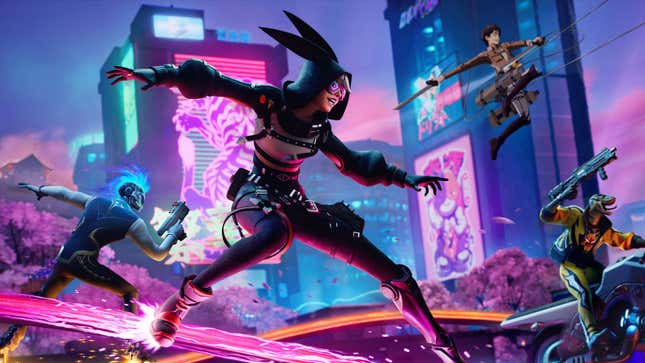 An image shows Fortnite characters sliding through a neon city. 