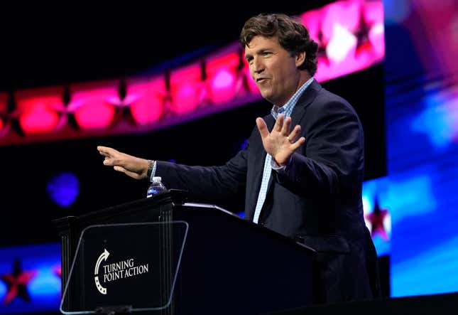 FILE - Tucker Carlson speaks at the Turning Point Action conference, Saturday, July 15, 2023, in West Palm Beach, Fla. Carlson, the ousted Fox News host, announced Monday, Dec. 11, that he is starting his own streaming service, promising to “tell the unadorned truth” to fans for $72 a year. (AP Photo/Lynne Sladky, File)