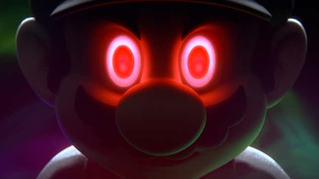 An image of Mario from Super Smash Bros. Ultimate, with his eyes glowing neon red.
