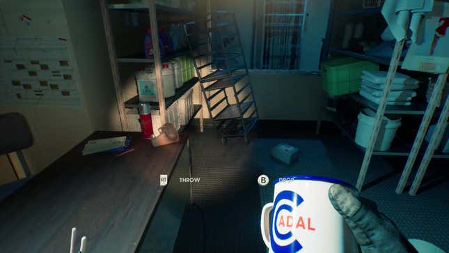 The player character holds a mug while looking at a shelving unit that's been knocked into another set of shelves.