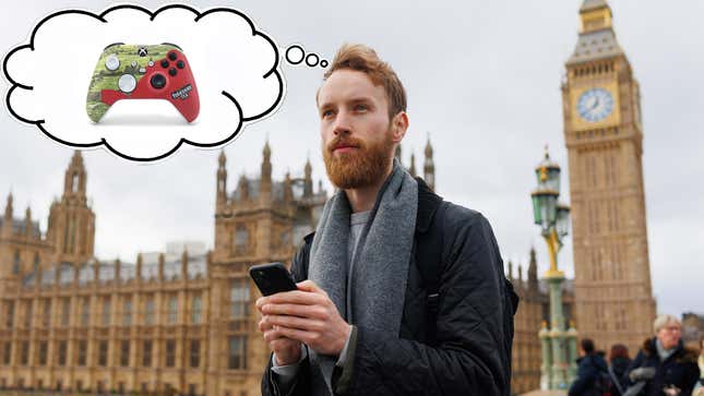 A British man looks wistful in front of Big Ben, with a thought bubble over his head with a tea-themed Xbox controller inside of it.