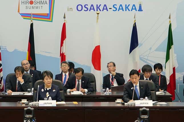 Foreign Minister Yoko Kamikawa, left, and Yasutoshi Nishimura, right, the Japanese minister in charge of trade and the economy, attend a G-7 Trade Ministers&#39; Meeting in Osaka, western Japan, Sunday, Oct. 29, 2023. Trade and economy officials from the Group of Seven wealthy democracies strengthened their pledge Sunday to work together to ensure smooth supply chains for essentials like energy and food despite global uncertainties.(Kyodo News via AP)