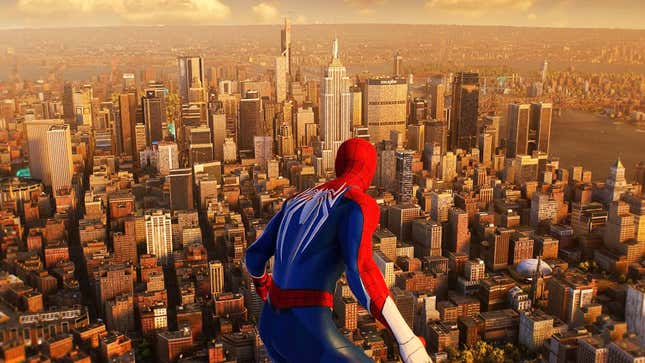 Spider-Man looks down at New York City at sundown. 