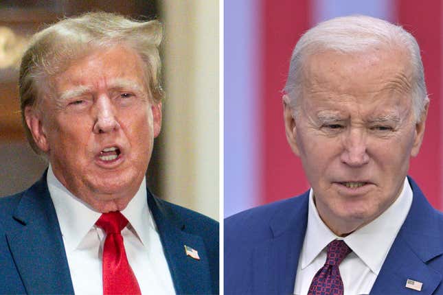 This combination of photos shows former President Donald Trump, left, and President Joe Biden. On Wednesday, March 13, 2024, the popular artificial intelligence image-generator Midjourney announced it has blocked its users from creating images of Biden and Trump ahead of the upcoming U.S. presidential election. (AP Photo)