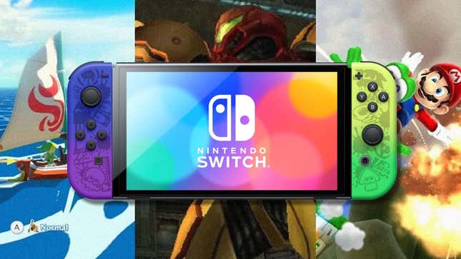 The image shows a Nintendo Switch OLED over Wind Waker, Metroid Prime 2 and Mario Galaxy 2.