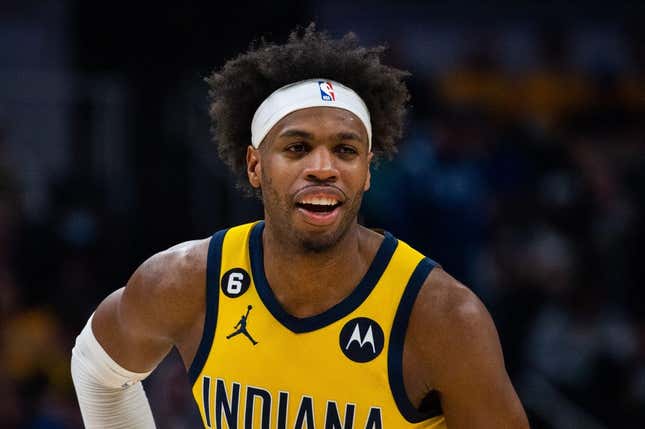 Apr 7, 2023; Indianapolis, Indiana, USA; Indiana Pacers guard Buddy Hield (24)  in the second half against Detroit Pistons at Gainbridge Fieldhouse.