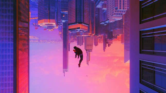 Miles Morales takes a leap of faith as the sun sets over the New York skyline. 