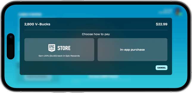A mockup shows purchasing choices on iPhone if Fortnite returns.