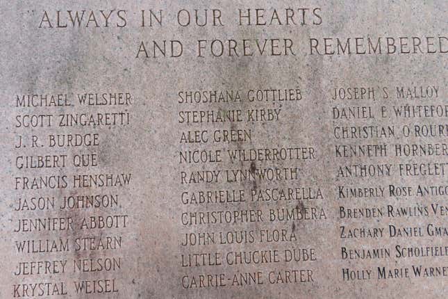 Names of childhood cancer victims are etched into a stone memorial in Toms River, N.J., Feb. 21, 2023. Toms River and an environmental group on Oct. 4, 2023, sued to overturn a settlement New Jersey reached with the site&#39;s current owner, BASF Corp. to restore environmental conditions there, calling the deal inadequate. (AP Photo/Wayne Parry)