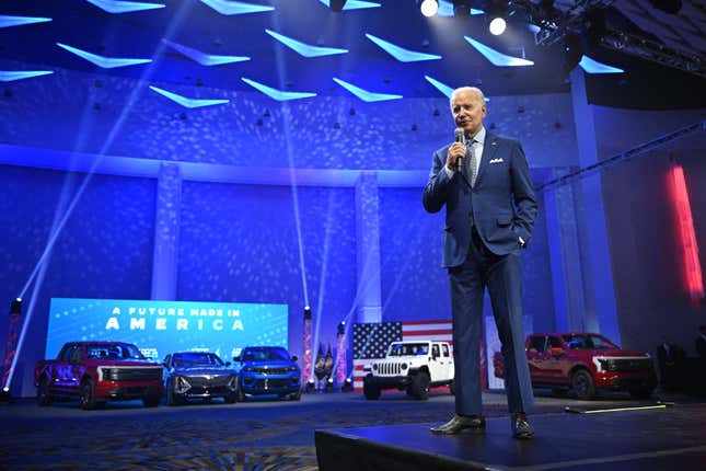 U.S. President Joe Biden at an auto show in Detroit highlighting EVs in 2022.