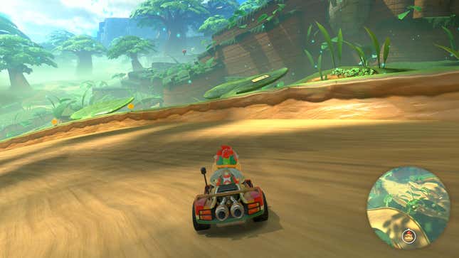 Bowser Jr. races forward on a track in Acorn Heights.