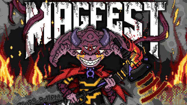 A pixel art MAGFest demon smiles demonically.