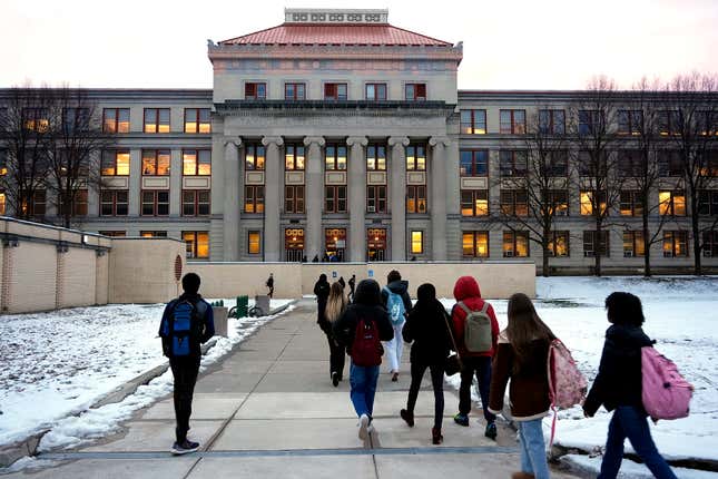 Students arrive for classes at Taylor Allderdice High School in the Squirrel Hill neighborhood of Pittsburgh, Tuesday, Jan. 23, 2024. The mother of an intellectually disabled girl who allegedly was led from school grounds by three male students and sexually assaulted in a Starbucks bathroom and a nearby empty building has filed a lawsuit Wednesday, Jan 24, 2024, accusing Starbucks, Pittsburgh Public Schools and a property management company of negligence. (AP Photo/Gene J. Puskar)