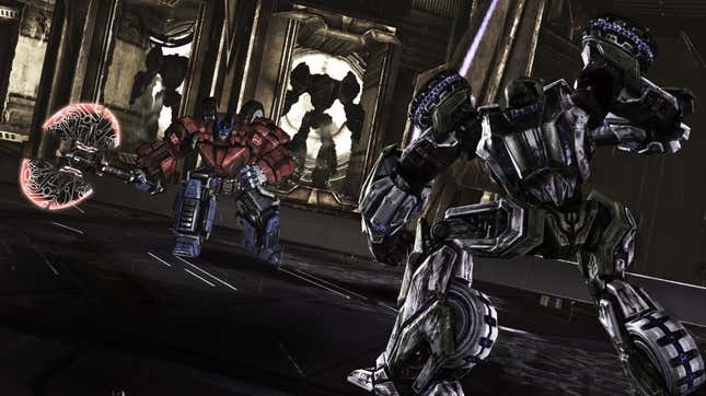 Optimus fights Megatron on Cybertron. 