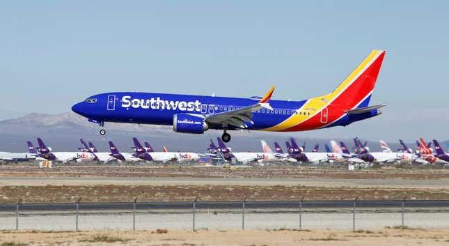 FILE - A Southwest Airlines Boeing 737 Max aircraft lands at the Southern California Logistics Airport on March 23, 2019, in Victorville, Calif. Southwest Airlines and its pilots reached a tentative labor agreement after three-and-a-half years of negotiations, the last of the four major airlines to reach a deal with pilots. The Dallas-based carrier said Tuesday, Dec. 19, 2023, it was pleased to reach the agreement in principle which it called a &quot;key milestone.&quot; (AP Photo/Matt Hartman, File)