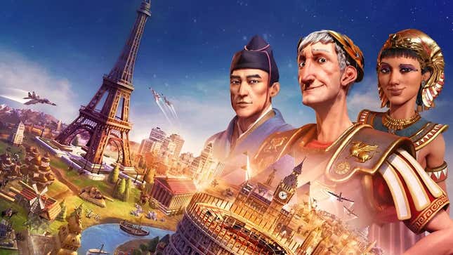 Artwork of Civilization VI showing a trio of possible leaders to pick from.