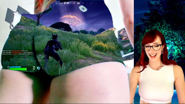 Twitch streamer Morgpie displays some Fortnite gameplay on her butt using a green screen during a March 14 broadcast. 