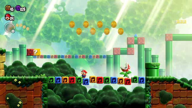 A small Mario in Wonder stands on top of a row of musical blocks with a Piranha Plant waiting.