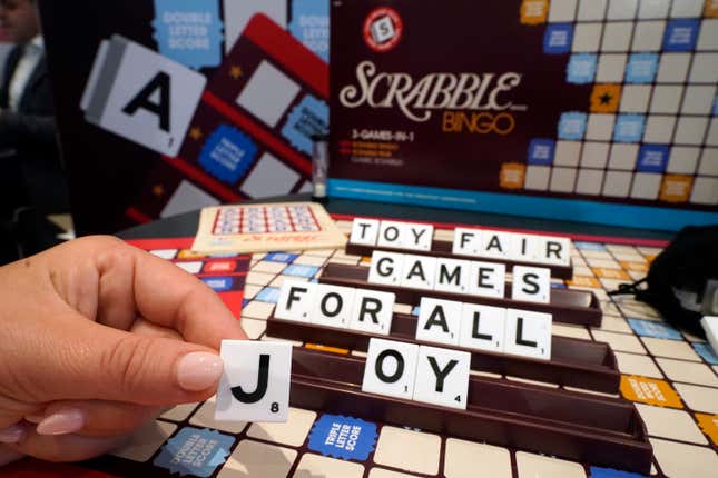 A Scrabble game with larger tiles is displayed at the 2023 Toy Fair, in New York&#39;s Javits Center, Monday, Oct. 2, 2023. Toymakers are tweaking original classic games or coming out with new ones that embrace an audience that&#39;s been around for a while: people over 65 years old. (AP Photo/Richard Drew)