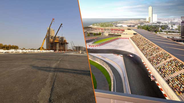 A split screen of the construction in Jeddah versus the renders of the site 