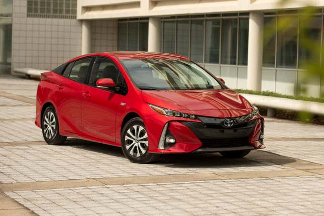 This photo provided by Toyota shows a 2021 Prius Prime. The Prime is the plug-in version of the well-known Prius hybrid. It has an EPA-estimated all-electric range of 25 miles. (Courtesy of Toyota Motor Sales U.S.A. via AP)