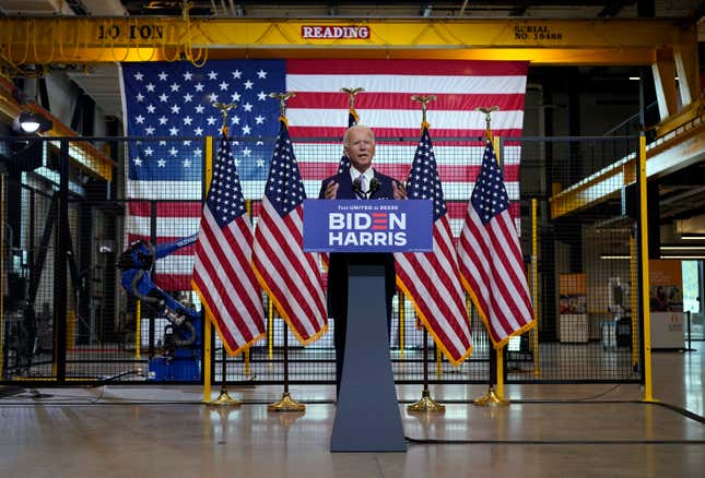 Democratic presidential candidate former Vice President Joe Biden speaks at a campaign event at Mill 19 in Pittsburgh, Pa., Monday, Aug. 31, 2020.