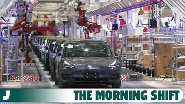 A photo of Tesla Model Y cars in production in China. 