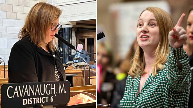 Left: State Sen. Machaela Cavanaugh prepares to speak before the Nebraska Legislature Monday, March 13, 2023, at the Nebraska State Capital in Lincoln, Neb. Cavanaugh is in her third week of an effort to filibuster every bill that comes before the Legislature this session — even the ones she supports. The effort is a protest against conservatives' advancement of a bill that would outlaw gender-affirming therapies for those 18 and younger. Cavanaugh has declared she will "burn the session to the ground" in an effort to stymie the bill. (AP Photo/Margery Beck) | Right: Sen. Megan Hunt speaks to a crowd gathering for a reproductive freedom rally in the Capitol Rotunda at the state Capitol in Lincoln, Neb., Tuesday, May 21, 2019. (Kayla Wolf/Lincoln Journal Star via AP)