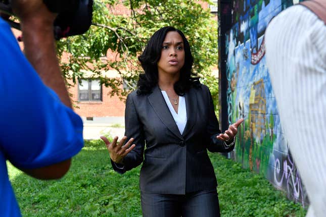 BALTIMORE, MD - AUGUST 24: State’s Attorney for Baltimore, Maryland, Marilyn J. Mosby is interviewed by Shoshana Guy, Senior Producer NBC News (not pictured) while walking through the Sandtown-Winchester neighborhood, where Freddie Gray was arrested, on August 24, 2016 in Baltimore, Maryland.