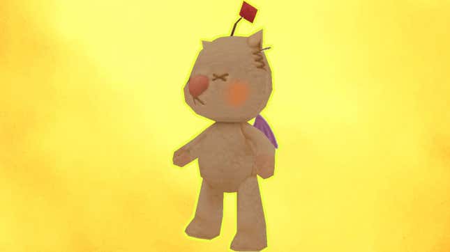 A Magical Mog doll with crossed-out eyes stands in front of a yellow background.
