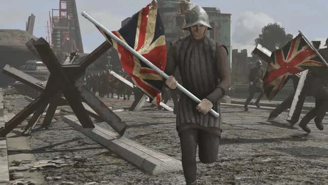 A screenshot of a Fallout London trailer showing a swarm of soldiers bearing the flag of the United Kingdom.