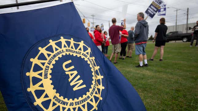 United Auto Workers members strike the General Motors Lansing Delta Assembly Plant on September 29, 2023 in Lansing, Michigan. 