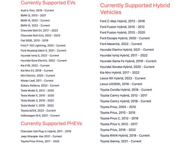 Die Liste der derzeit unterstützten Autos von der vsNEW-Website