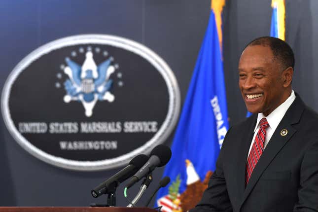  U.S. Marshals Service Director Donald Washington speaks during his Installation Ceremony in Arlington, Va., Thursday, April 11, 2019.