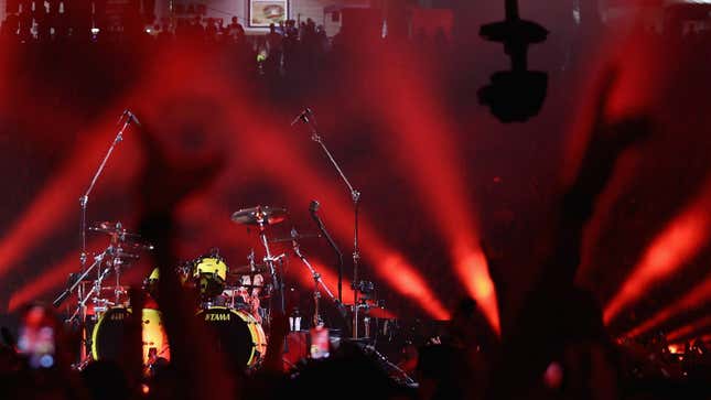 A drumset onstage at a concert in Glendale, Arizona