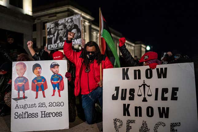 Justin Blake (C) leads a protest march past the Kenosha County Courthouse after the jury retired for the evening in the trial of Kyle Rittenhouse on November 17, 2021, in Kenosha, Wisconsin. Rittenhouse is accused of shooting three demonstrators, killing two of them, during a night of unrest that erupted in Kenosha after a police officer shot Jacob Blake seven times in the back while being arrested in August 2020. Rittenhouse, from Antioch, Illinois, was 17 at the time of the shooting and armed with an assault rifle. He faces counts of felony homicide, and felony attempted homicide.