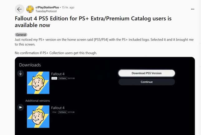 A screenshot shows a PS Plus subscriber installing the Fallout 4 update for free.