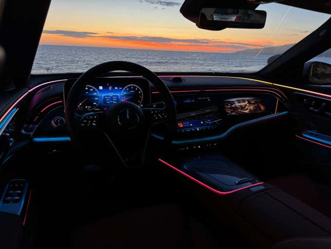 Dashboard of a 2024 Mercedes-Benz E350 at sunset