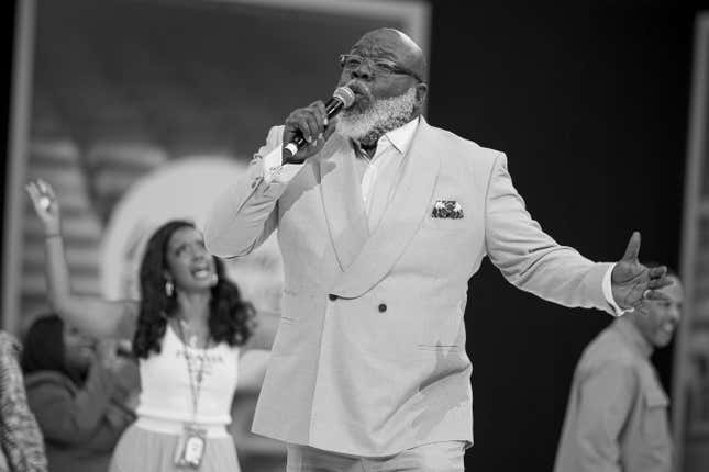 ARLINGTON, TEXAS - SEPTEMBER 16: (EDITORS NOTE: Image has been convert to black and white.) Bishop T.D. Jakes speaks on stage during the Woman Evolve 2023 day 3 at Globe Life Field on September 16, 2023 in Arlington, Texas.