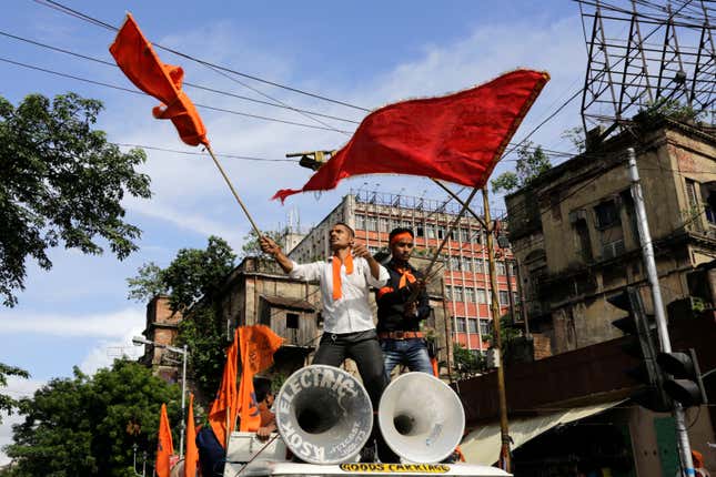 Saffron flags today are associated with right-wing Hindu politics.
