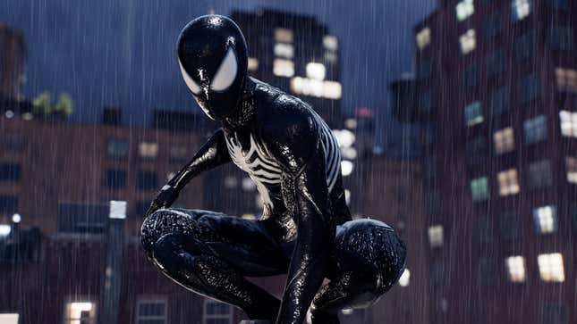 Spider-Man sits perched on a rainy night in the black suit. 