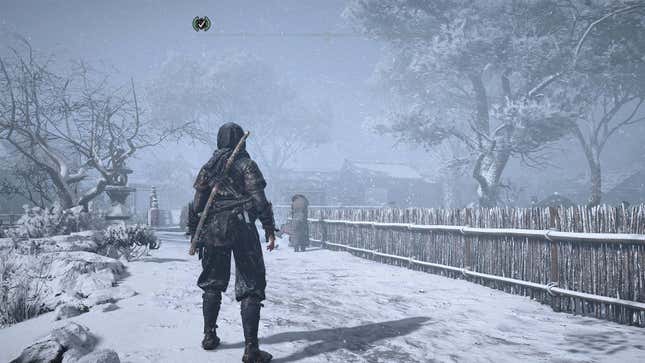 Naoe looks out a village covered in snowfall.